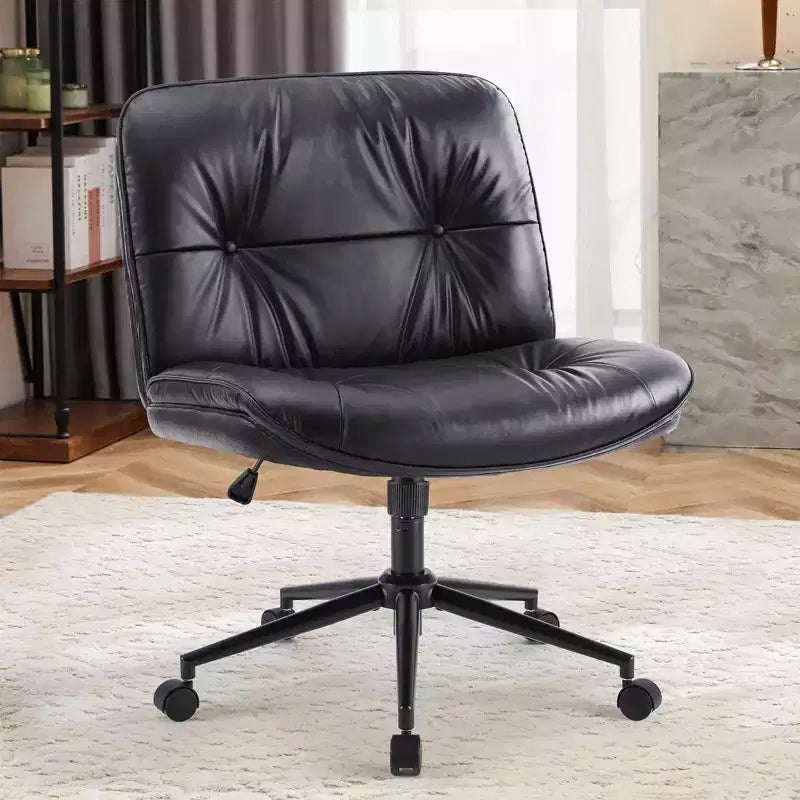 Fauteuil de bureau sans accoudoirs, chaise pivotante à assise large avec pieds croisés, réglable en hauteur, chaise d'appoint moderne en cuir PU pour bureau à domicile