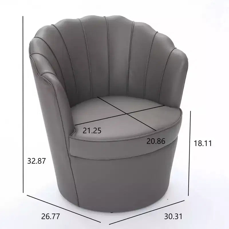 Fauteuil pivotant Pétale, Fauteuil d'appoint avec base métallique rotative, Dossier incurvé cannelé, Fauteuil de bureau à oreilles en cuir véritable pour bureau, salon