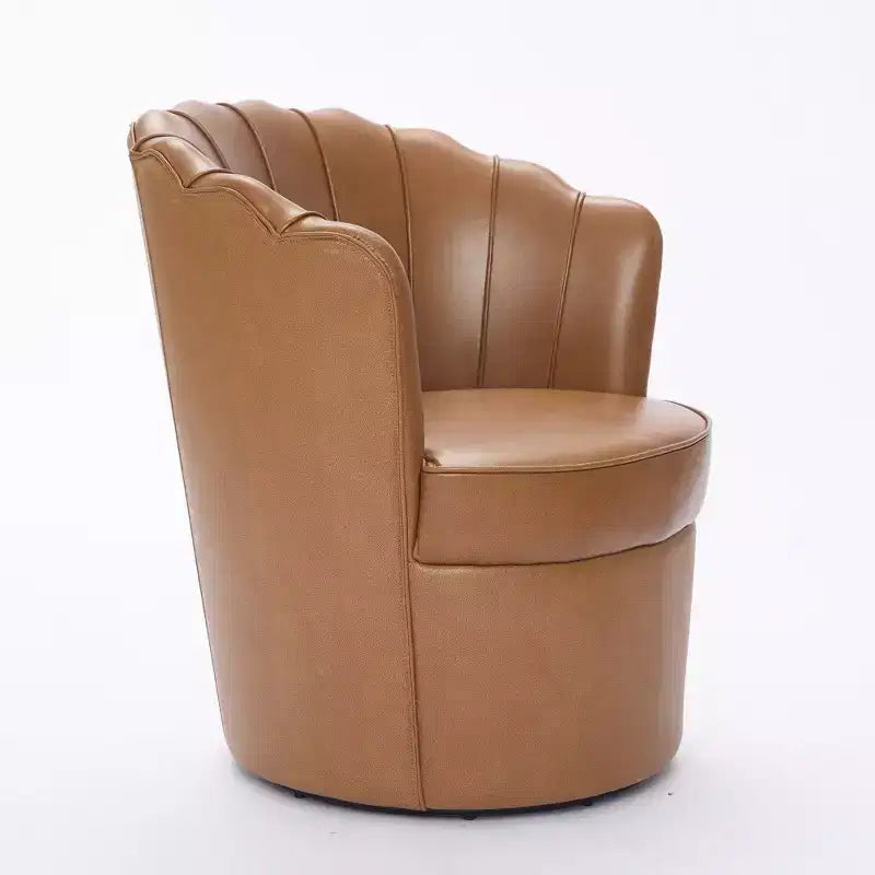 Fauteuil pivotant Pétale, Fauteuil d'appoint avec base métallique rotative, Dossier incurvé cannelé, Fauteuil de bureau à oreilles en cuir véritable pour bureau, salon