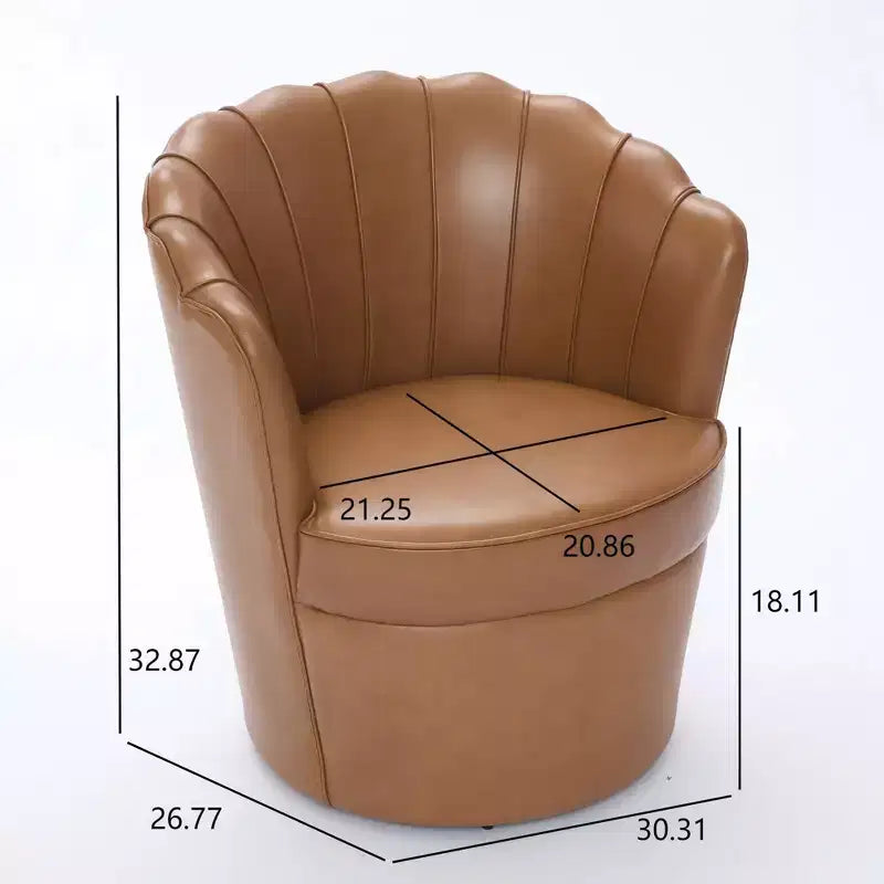 Fauteuil pivotant Pétale, Fauteuil d'appoint avec base métallique rotative, Dossier incurvé cannelé, Fauteuil de bureau à oreilles en cuir véritable pour bureau, salon
