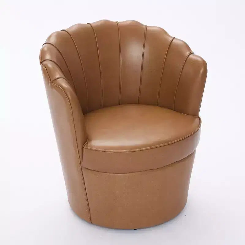 Fauteuil pivotant Pétale, Fauteuil d'appoint avec base métallique rotative, Dossier incurvé cannelé, Fauteuil de bureau à oreilles en cuir véritable pour bureau, salon