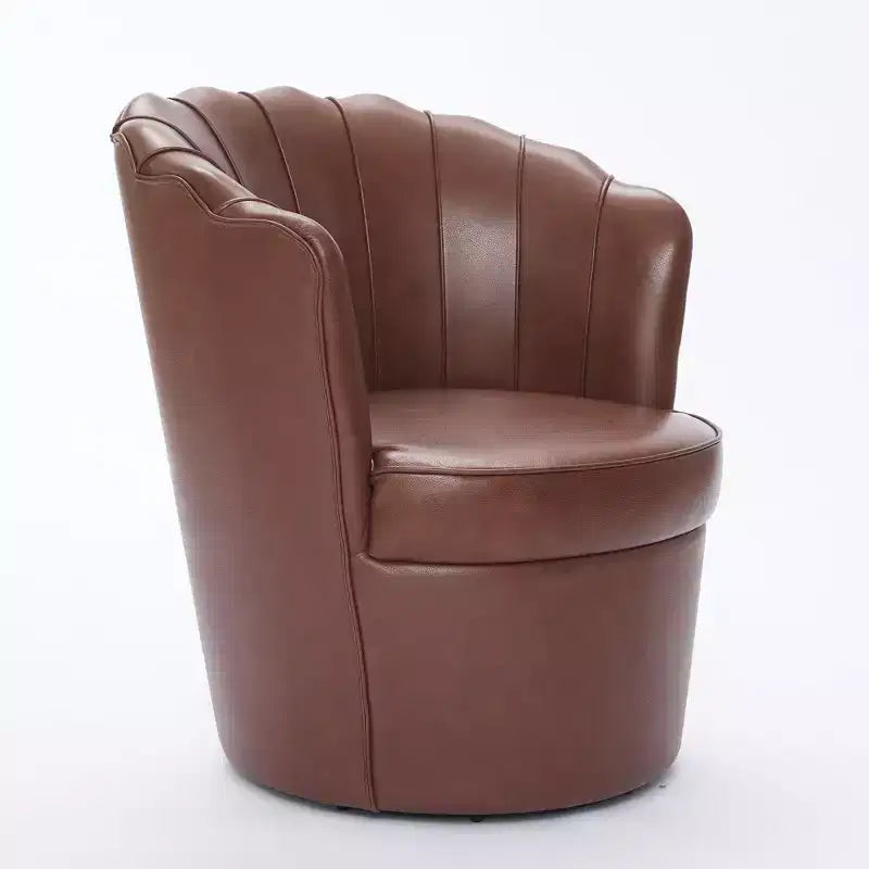 Fauteuil pivotant Pétale, Fauteuil d'appoint avec base métallique rotative, Dossier incurvé cannelé, Fauteuil de bureau à oreilles en cuir véritable pour bureau, salon
