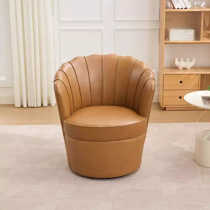 TUYOHW Petal Swivel Chair,Accent Chair with Rotating Metal Base,Curved Fluted,Genuine Leather Wingback Desk Chair for Office,Living Room