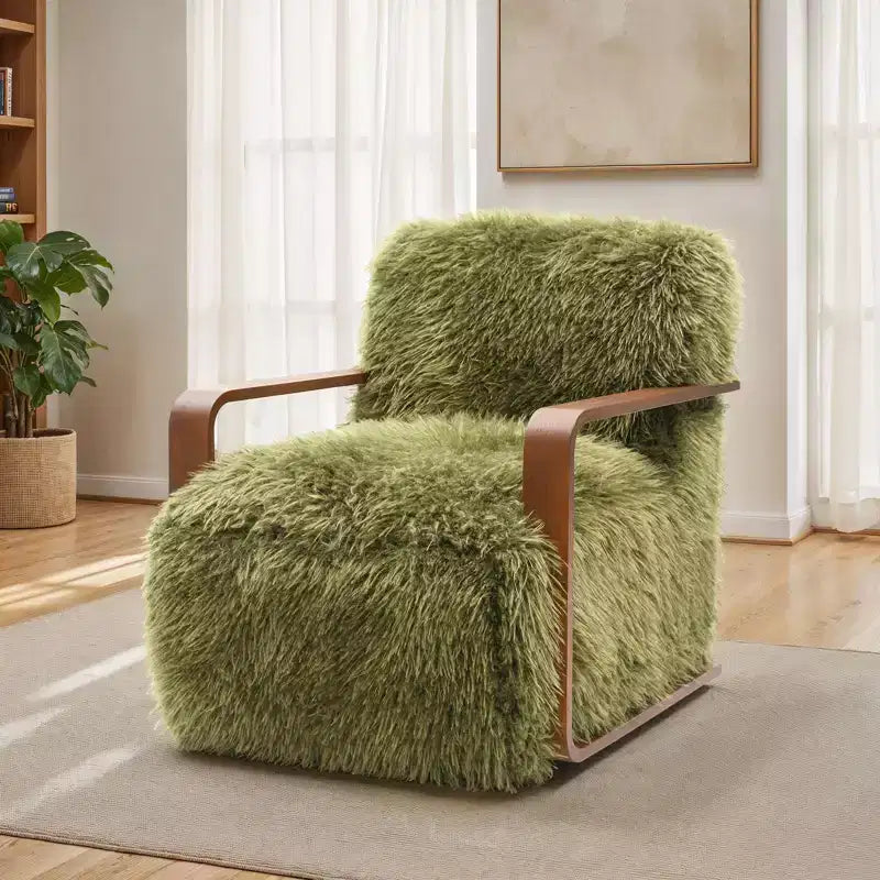 Fauteuil d'appoint en fausse fourrure de 71,9 cm de large, Fauteuil de salon rembourré avec accoudoirs en bois courbés, Ressorts ensachés, Fauteuil pour salon, chambre à coucher