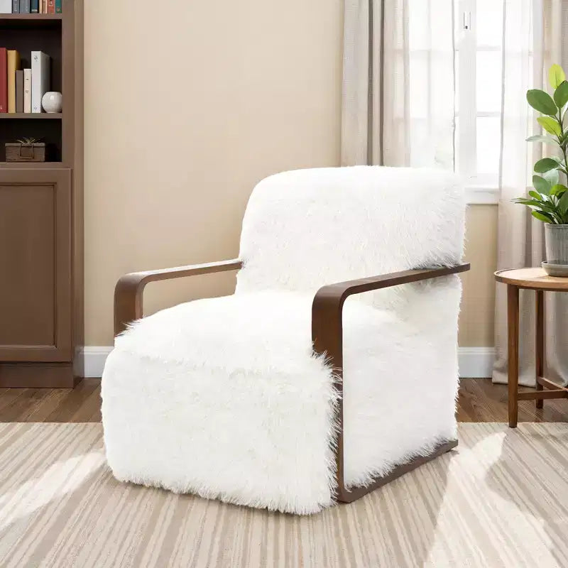 Fauteuil d'appoint en fausse fourrure de 71,9 cm de large, Fauteuil de salon rembourré avec accoudoirs en bois courbés, Ressorts ensachés, Fauteuil pour salon, chambre à coucher