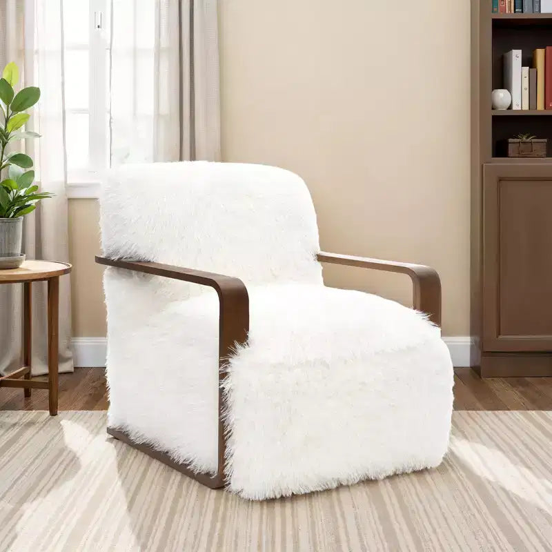 Fauteuil d'appoint en fausse fourrure de 71,9 cm de large, Fauteuil de salon rembourré avec accoudoirs en bois courbés, Ressorts ensachés, Fauteuil pour salon, chambre à coucher