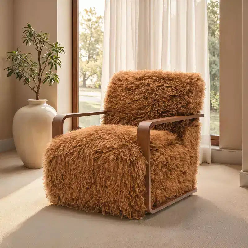 Fauteuil d'appoint en fausse fourrure de 71,9 cm de large, Fauteuil de salon rembourré avec accoudoirs en bois courbés, Ressorts ensachés, Fauteuil pour salon, chambre à coucher