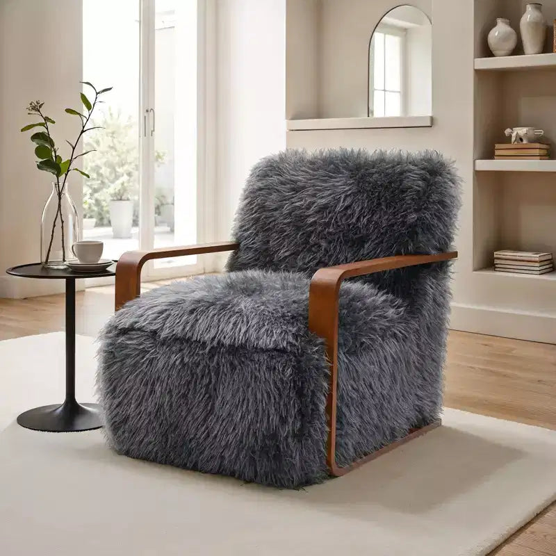 Fauteuil d'appoint en fausse fourrure de 71,9 cm de large, Fauteuil de salon rembourré avec accoudoirs en bois courbés, Ressorts ensachés, Fauteuil pour salon, chambre à coucher