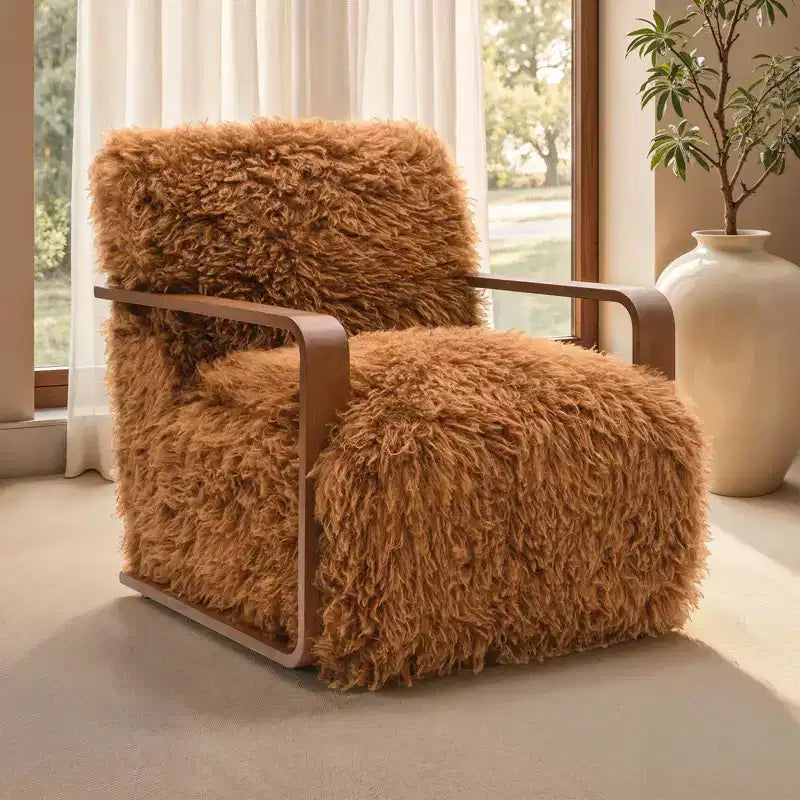 Fauteuil d'appoint en fausse fourrure de 71,9 cm de large, Fauteuil de salon rembourré avec accoudoirs en bois courbés, Ressorts ensachés, Fauteuil pour salon, chambre à coucher
