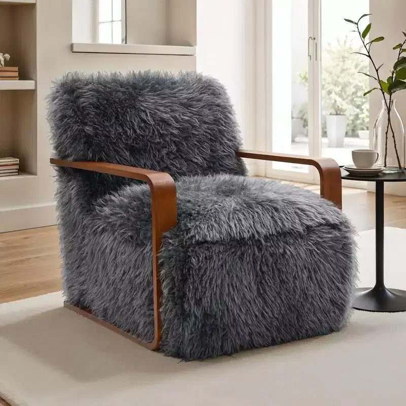 Fauteuil d'appoint en fausse fourrure de 71,9 cm de large, Fauteuil de salon rembourré avec accoudoirs en bois courbés, Ressorts ensachés, Fauteuil pour salon, chambre à coucher