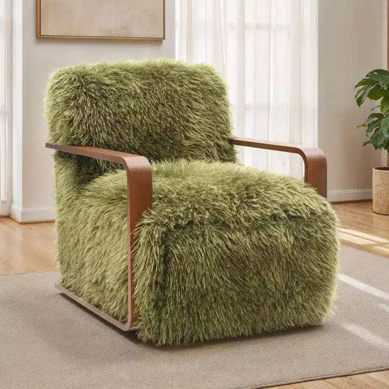 Fauteuil d'appoint en fausse fourrure de 71,9 cm de large, Fauteuil de salon rembourré avec accoudoirs en bois courbés, Ressorts ensachés, Fauteuil pour salon, chambre à coucher