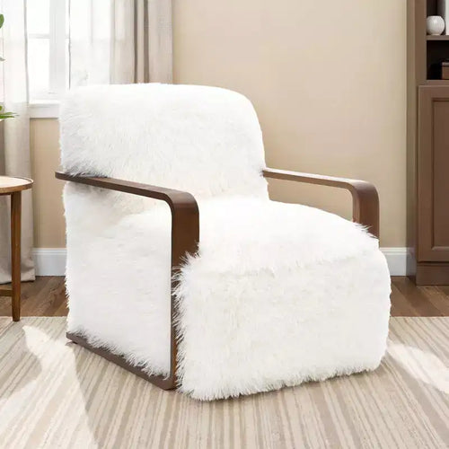 TUYOHW 28.3 Wide Faux Fur Accent Chair,Upholstered Lounge Chair with Curved Wooden Arms,Pocket Coil Spring,Armchair for Living Room,Bedroom