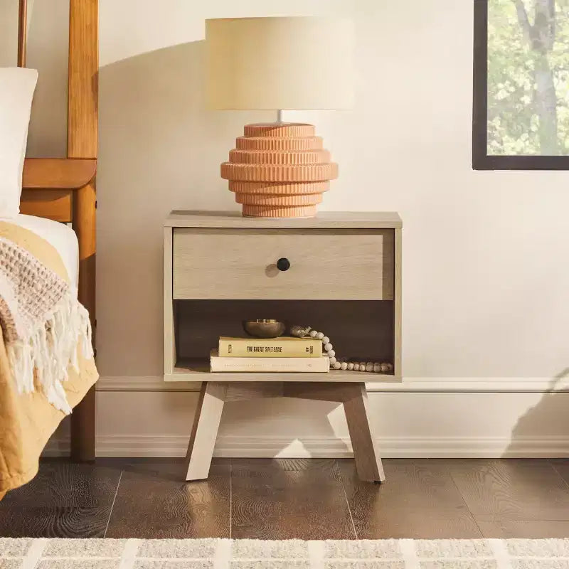 GDFStudio Alden Mid-Century Modern Nightstand with Open Cubby and Smooth-Glide Drawer