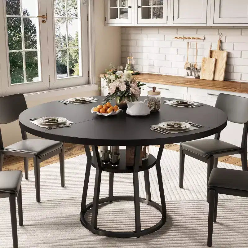 Round Dining Table for 4-6, 42 Farmhouse Kitchen Table with Storage, Circle Dinner Tables for Kitchen, Dining Room, Living Room, Apartment