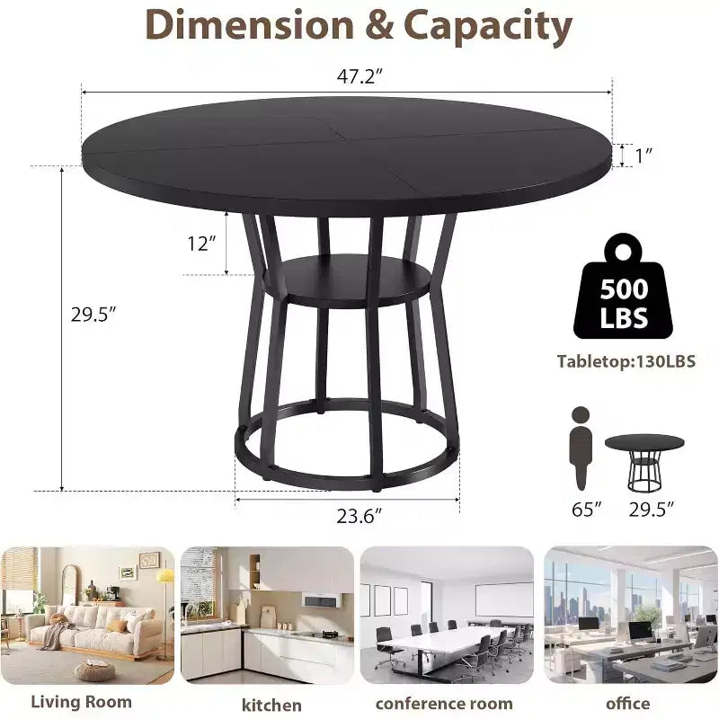 Table à manger ronde pour 4-6 personnes, table de cuisine de ferme de 42 pouces avec rangement