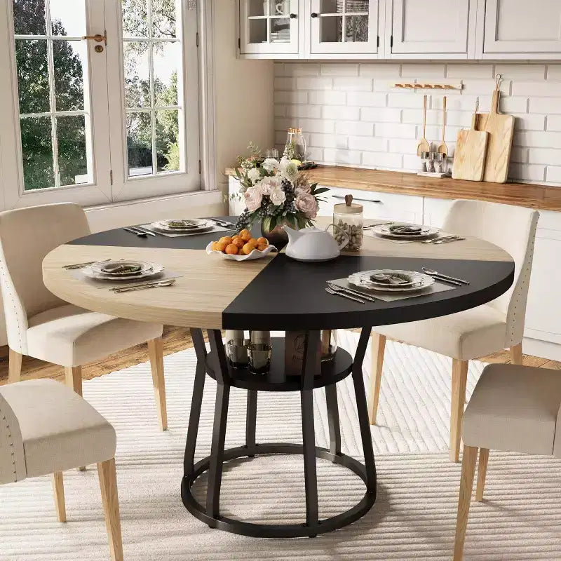 Table à manger ronde pour 4-6 personnes, table de cuisine de ferme de 42 pouces avec rangement