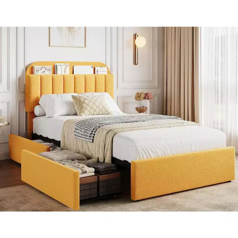 Platform Bed Frame,Kids Bed Frame with Storage Headboard, 2 Rolling Drawers, Noise Free Bedframe, No Box Spring Needed,Yellow