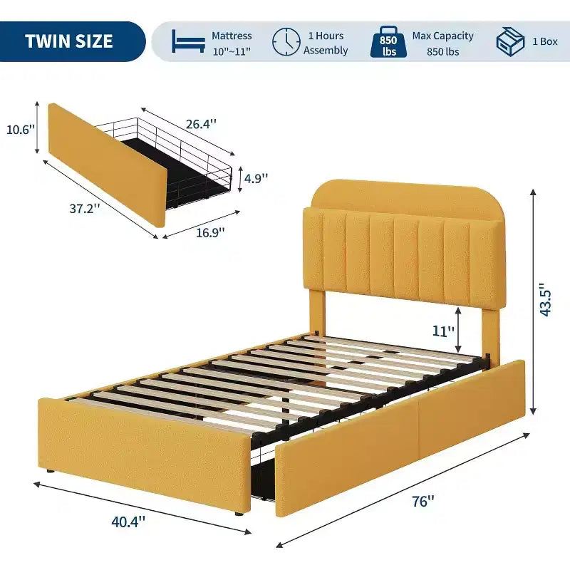 Cadre de lit plateforme, Cadre de lit enfant avec tête de lit de rangement, 2 tiroirs roulants, Silencieux, Pas besoin de sommier tapissier, Jaune