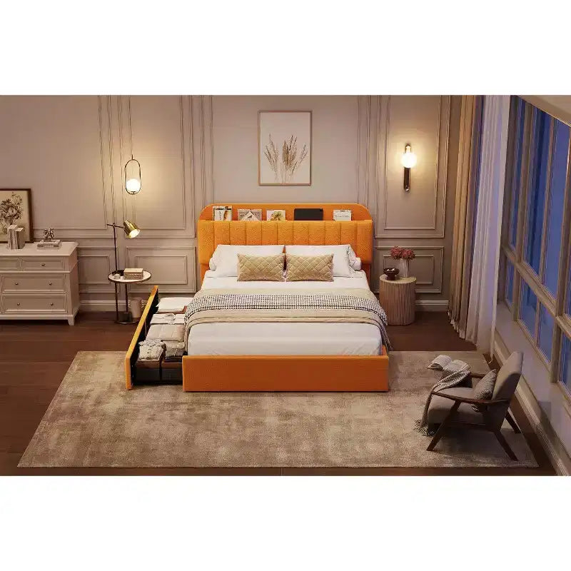 Cadre de lit plateforme, Cadre de lit enfant avec tête de lit de rangement, 2 tiroirs roulants, Silencieux, Pas besoin de sommier tapissier, Jaune