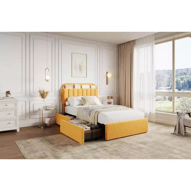 Cadre de lit plateforme, Cadre de lit enfant avec tête de lit de rangement, 2 tiroirs roulants, Silencieux, Pas besoin de sommier tapissier, Jaune