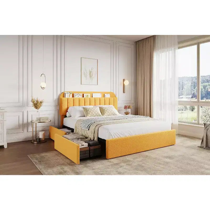 Cadre de lit plateforme, Cadre de lit enfant avec tête de lit de rangement, 2 tiroirs roulants, Silencieux, Pas besoin de sommier tapissier, Jaune