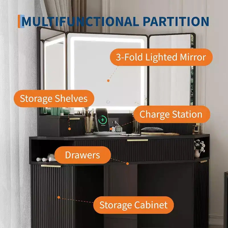 Coiffeuse d'angle avec miroir triptyque et lumières 3 couleurs, table de maquillage cannelée avec station de recharge, tiroirs, armoires de rangement pour chambre à coucher