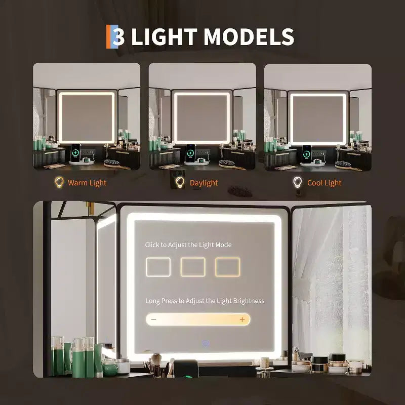 Coiffeuse d'angle avec miroir triptyque et lumières 3 couleurs, table de maquillage cannelée avec station de recharge, tiroirs, armoires de rangement pour chambre à coucher
