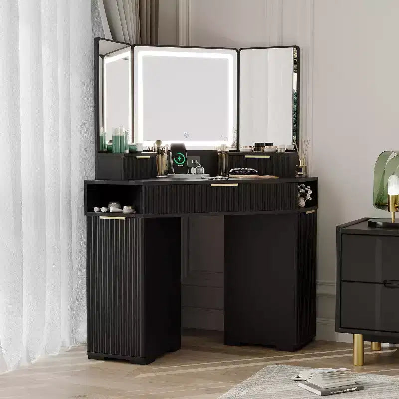 Corner Vanity Desk with 3-Fold Mirror and 3-Color Lights, Fluted Makeup Table with Charging Station, Drawers, Storage Cabinets for Bedroom