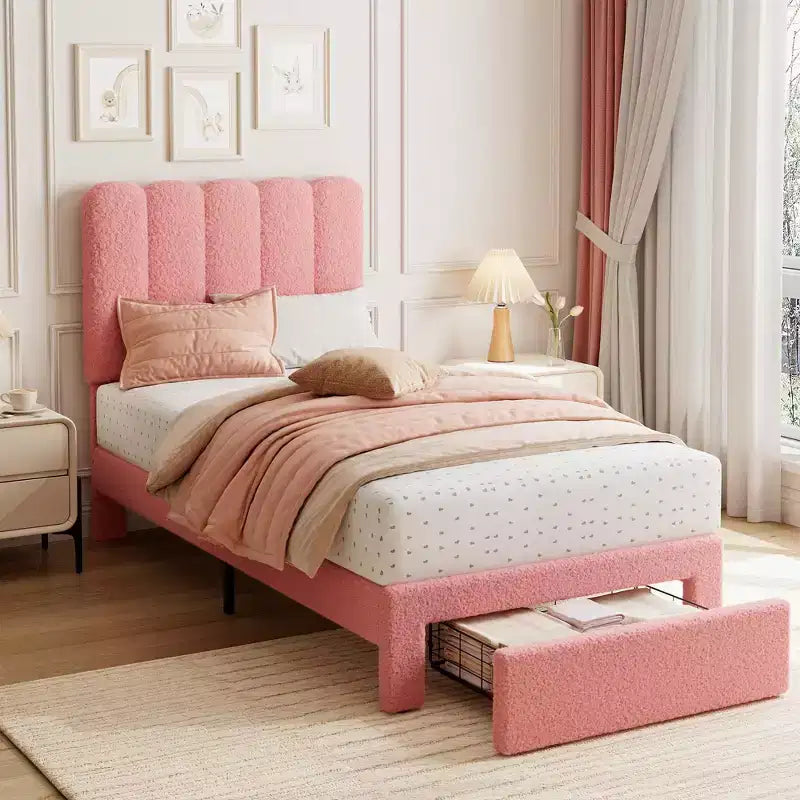 Acekool Kids Twin Bed, Boucle Upholstered Bed Frame with Storage Drawer, Wavy Headboard & Strong Wooden Slats, No Box Spring Needed, Pink