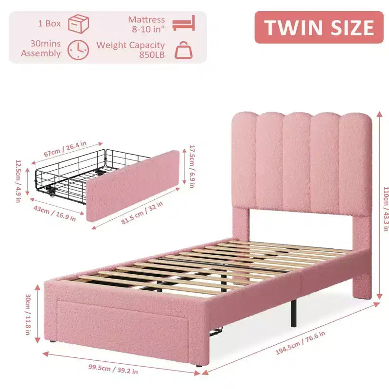 Lit jumeau pour enfants, cadre de lit rembourré en bouclette avec tiroir de rangement, tête de lit ondulée et lattes en bois solides, aucun sommier tapissier requis, rose