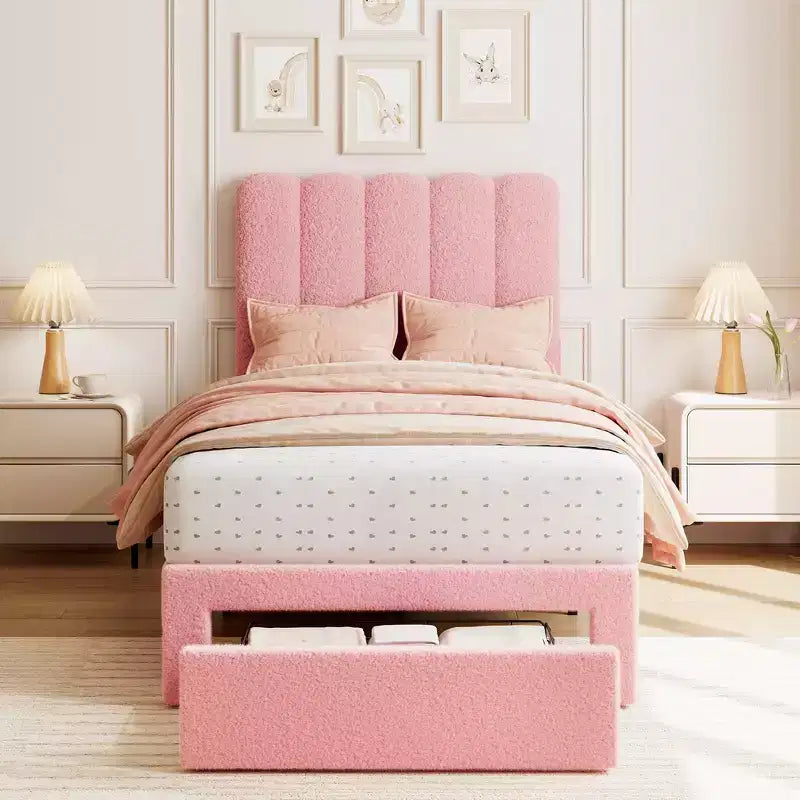 Lit jumeau pour enfants, cadre de lit rembourré en bouclette avec tiroir de rangement, tête de lit ondulée et lattes en bois solides, aucun sommier tapissier requis, rose