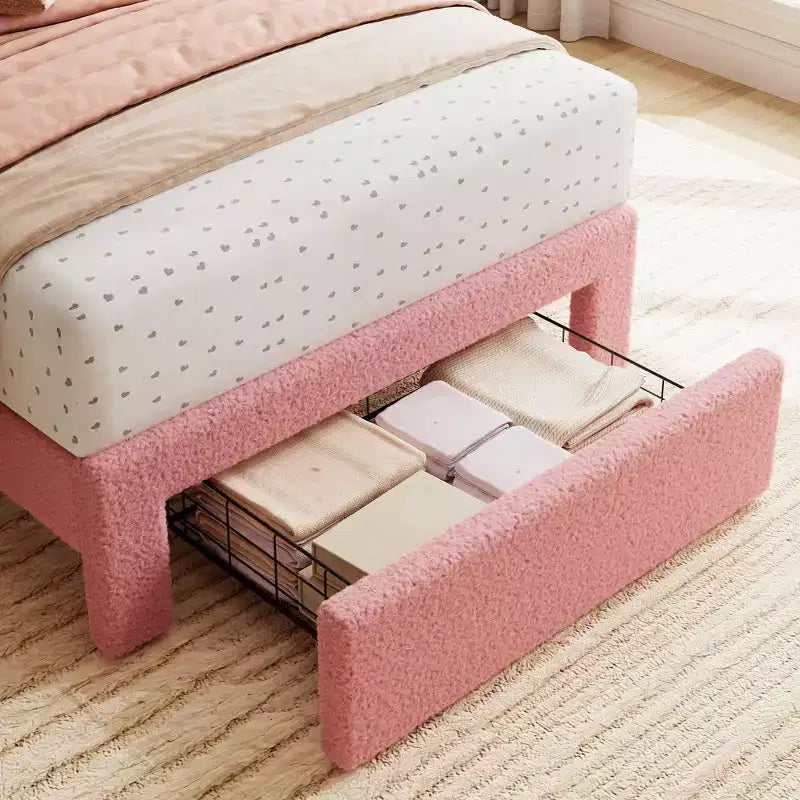 Lit jumeau pour enfants, cadre de lit rembourré en bouclette avec tiroir de rangement, tête de lit ondulée et lattes en bois solides, aucun sommier tapissier requis, rose
