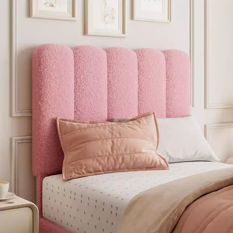 Lit jumeau pour enfants, cadre de lit rembourré en bouclette avec tiroir de rangement, tête de lit ondulée et lattes en bois solides, aucun sommier tapissier requis, rose