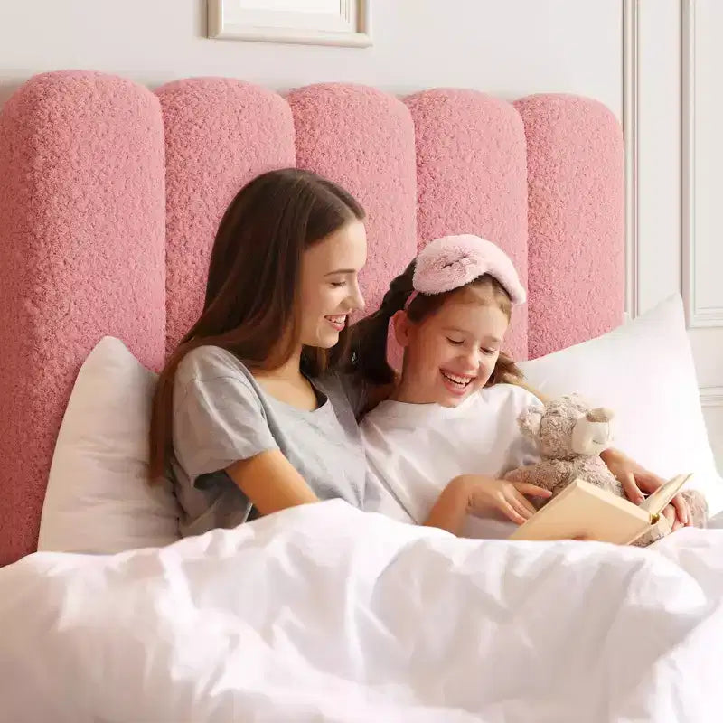 Lit jumeau pour enfants, cadre de lit rembourré en bouclette avec tiroir de rangement, tête de lit ondulée et lattes en bois solides, aucun sommier tapissier requis, rose