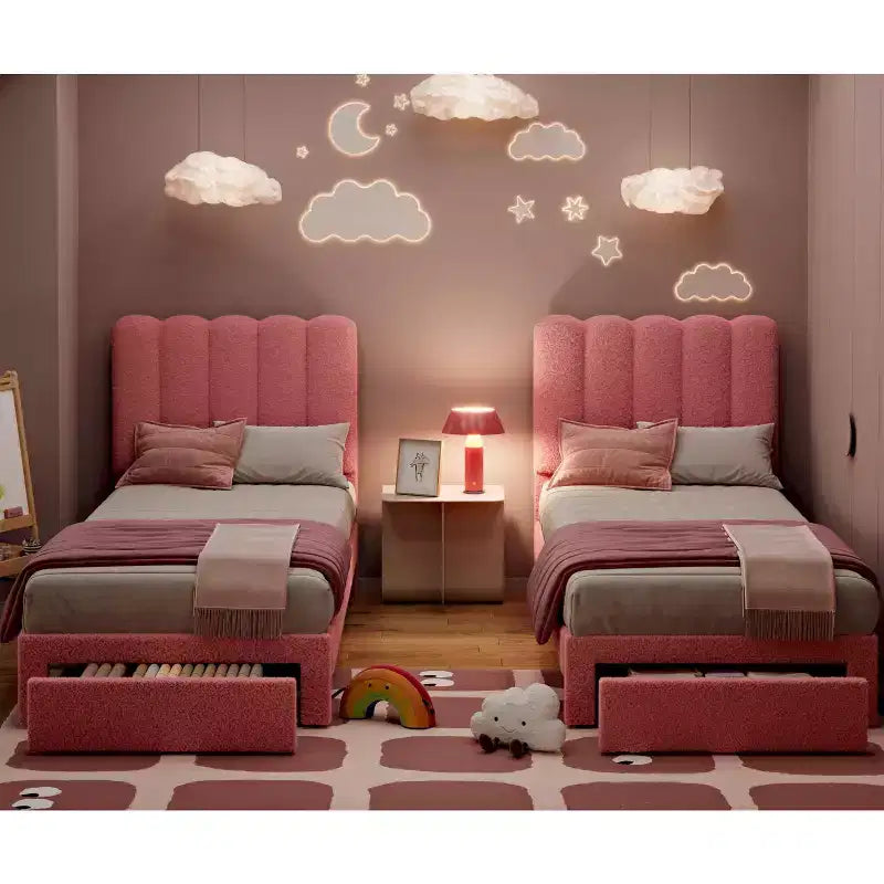 Lit jumeau pour enfants, cadre de lit rembourré en bouclette avec tiroir de rangement, tête de lit ondulée et lattes en bois solides, aucun sommier tapissier requis, rose