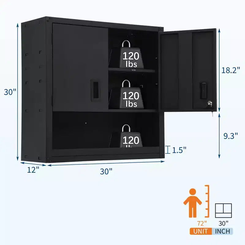 Armoire murale avec étagère réglable, casier de garage en acier robuste avec portes magnétiques verrouillables, armoire à outils murale pour entrepôt ou maison