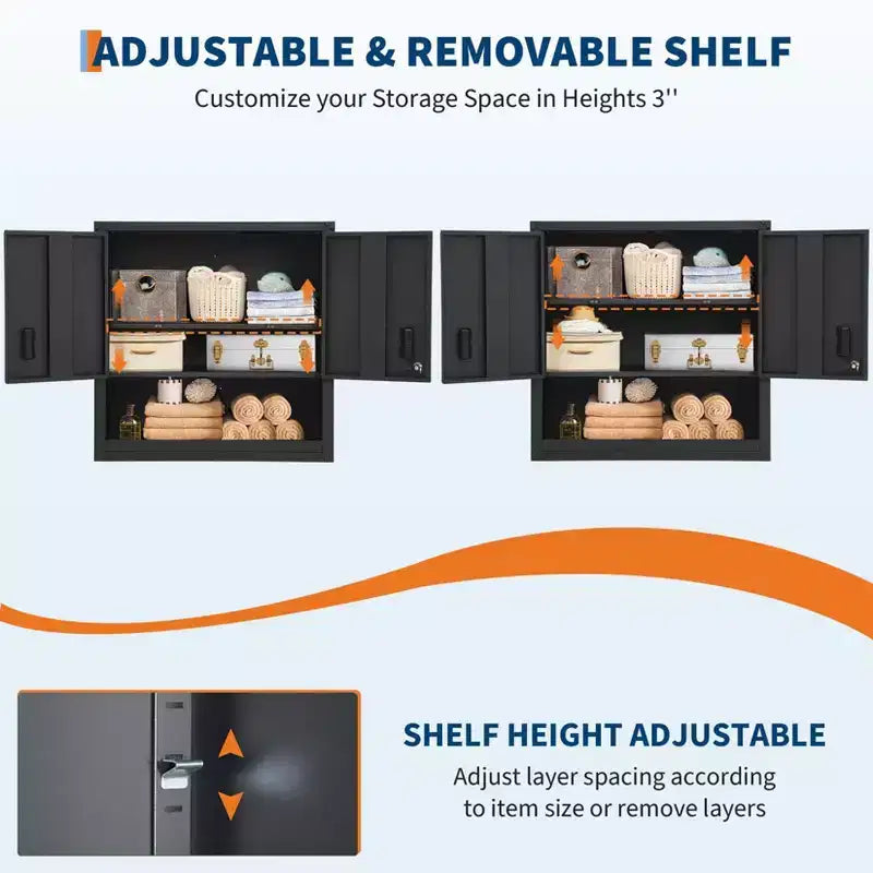 Armoire murale avec étagère réglable, casier de garage en acier robuste avec portes magnétiques verrouillables, armoire à outils murale pour entrepôt ou maison