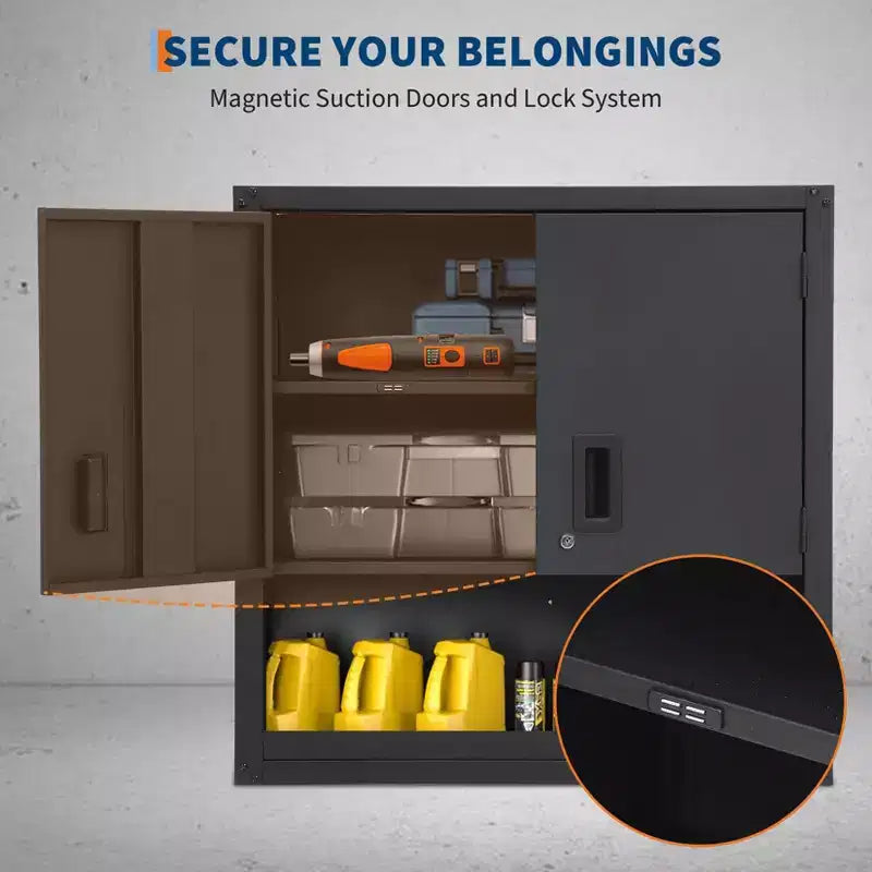Armoire murale avec étagère réglable, casier de garage en acier robuste avec portes magnétiques verrouillables, armoire à outils murale pour entrepôt ou maison