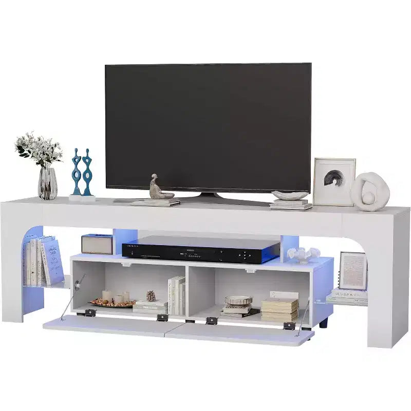 Modern TV Stand for 50-75 Inch TVs, White Finish Entertainment Center with View Window and Large Storage Drawer, Multi-Functional Media Console