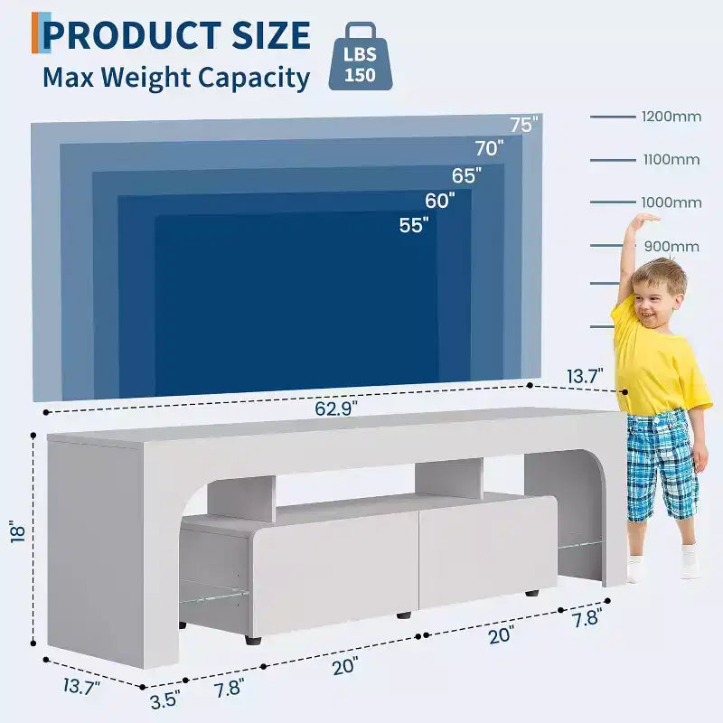 Meuble TV moderne pour téléviseurs de 50 à 75 pouces, meuble de divertissement finition blanche avec fenêtre de visualisation et grand tiroir de rangement, console multimédia multifonctionnelle