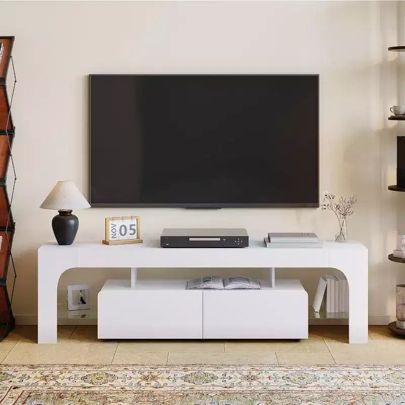 Meuble TV moderne pour téléviseurs de 50 à 75 pouces, meuble de divertissement finition blanche avec fenêtre de visualisation et grand tiroir de rangement, console multimédia multifonctionnelle