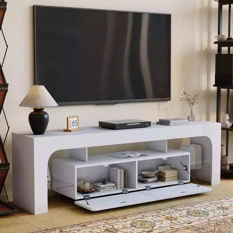 Meuble TV moderne pour téléviseurs de 50 à 75 pouces, meuble de divertissement finition blanche avec fenêtre de visualisation et grand tiroir de rangement, console multimédia multifonctionnelle