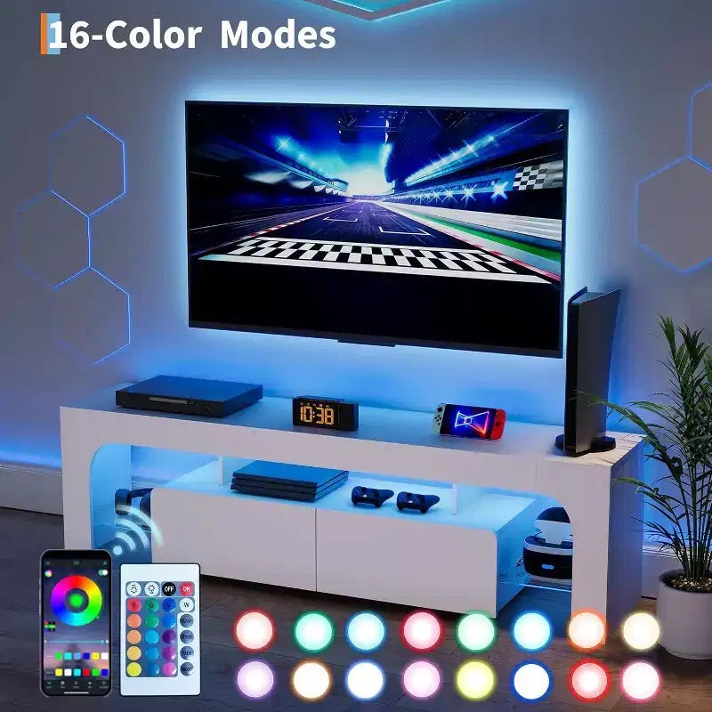 Meuble TV moderne pour téléviseurs de 50 à 75 pouces, meuble de divertissement finition blanche avec fenêtre de visualisation et grand tiroir de rangement, console multimédia multifonctionnelle