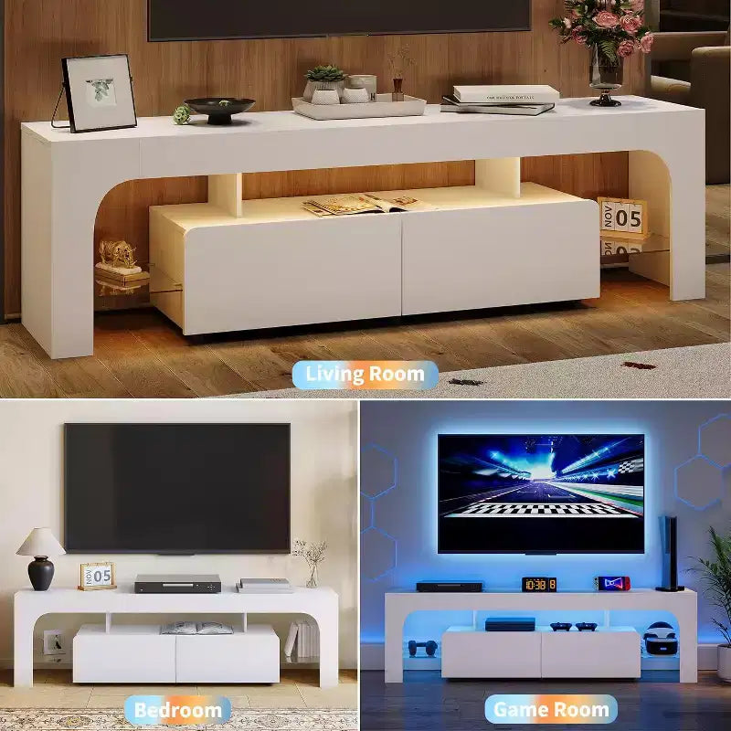 Meuble TV moderne pour téléviseurs de 50 à 75 pouces, meuble de divertissement finition blanche avec fenêtre de visualisation et grand tiroir de rangement, console multimédia multifonctionnelle