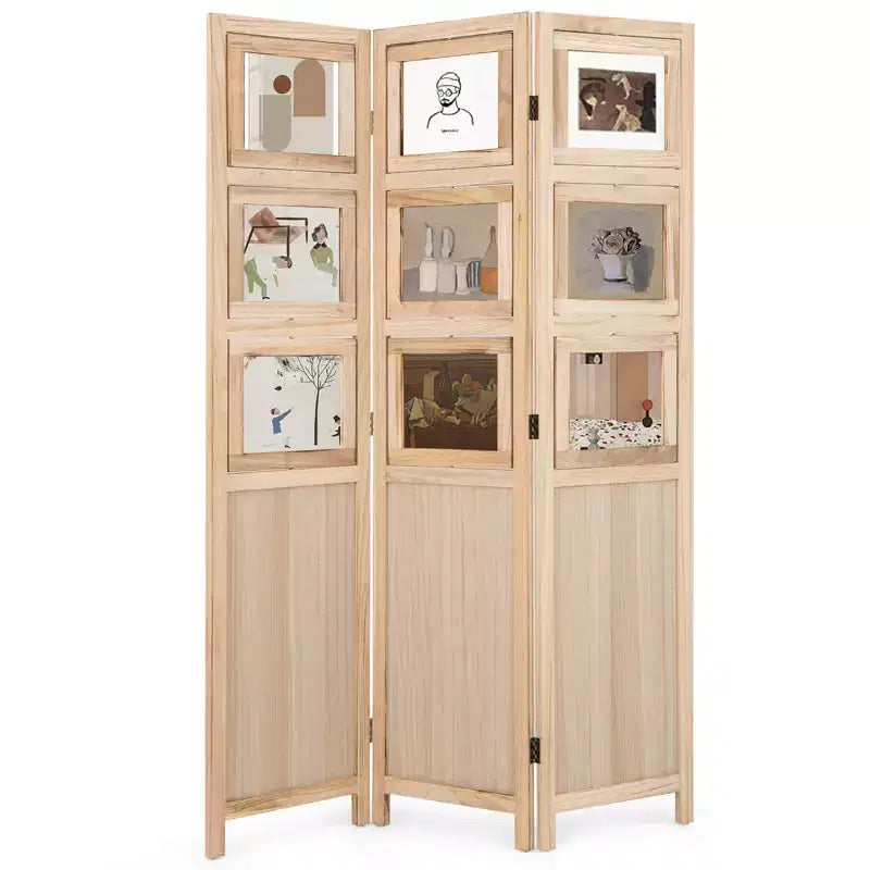 Costway 67 3 Panel Room Divider with Paulownia Wood Photo Frames Metal Hinges for Home Natural/White