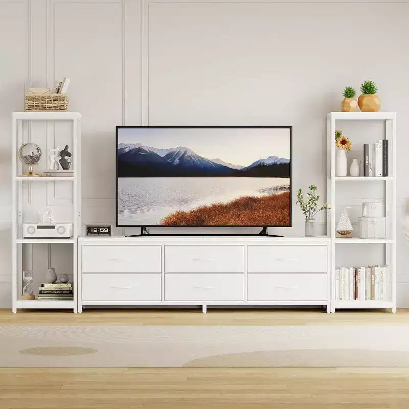 TV Stands with 6 Fabric Drawers, Large Entertainment Center with 2 Industrial 4-Tier Storage Shelves, Modern TV Console Cabinet for Living Room