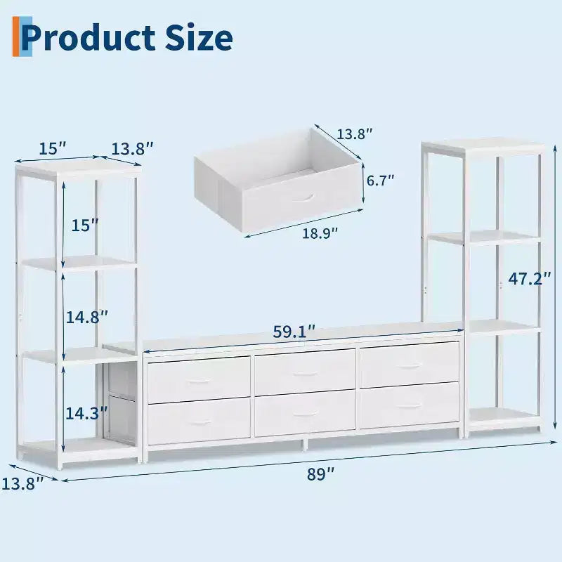Meubles TV avec 6 tiroirs en tissu, grand meuble TV avec 2 étagères de rangement industrielles à 4 niveaux, meuble console TV moderne pour salon