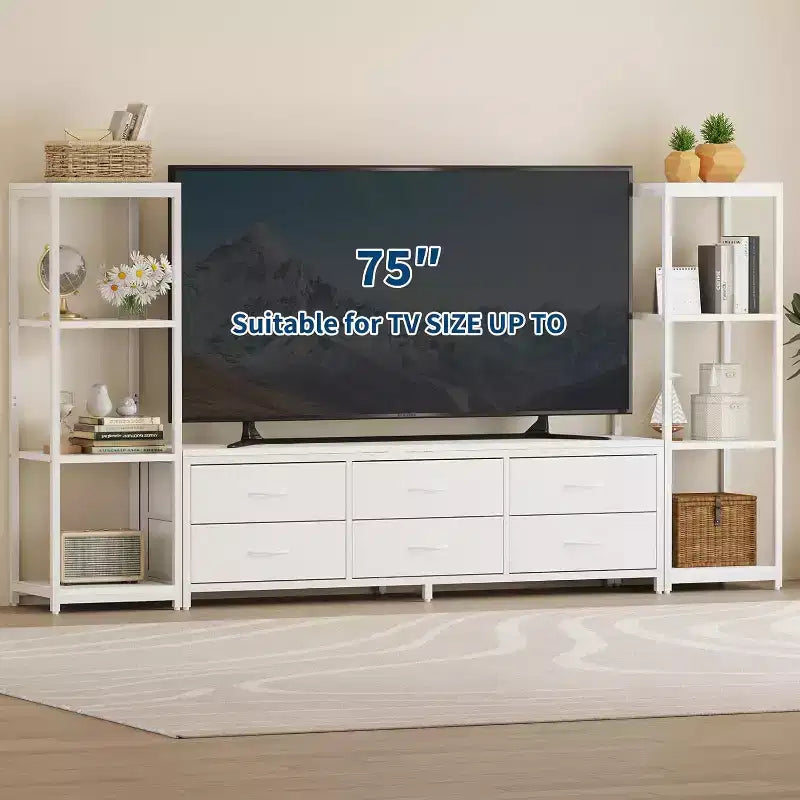 Meubles TV avec 6 tiroirs en tissu, grand meuble TV avec 2 étagères de rangement industrielles à 4 niveaux, meuble console TV moderne pour salon