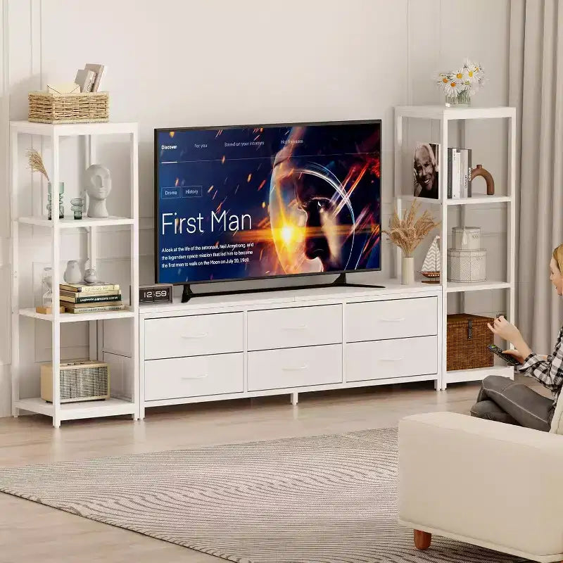 Meubles TV avec 6 tiroirs en tissu, grand meuble TV avec 2 étagères de rangement industrielles à 4 niveaux, meuble console TV moderne pour salon