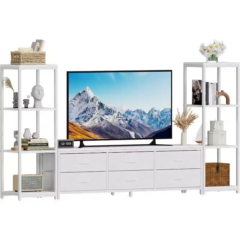 Meubles TV avec 6 tiroirs en tissu, grand meuble TV avec 2 étagères de rangement industrielles à 4 niveaux, meuble console TV moderne pour salon